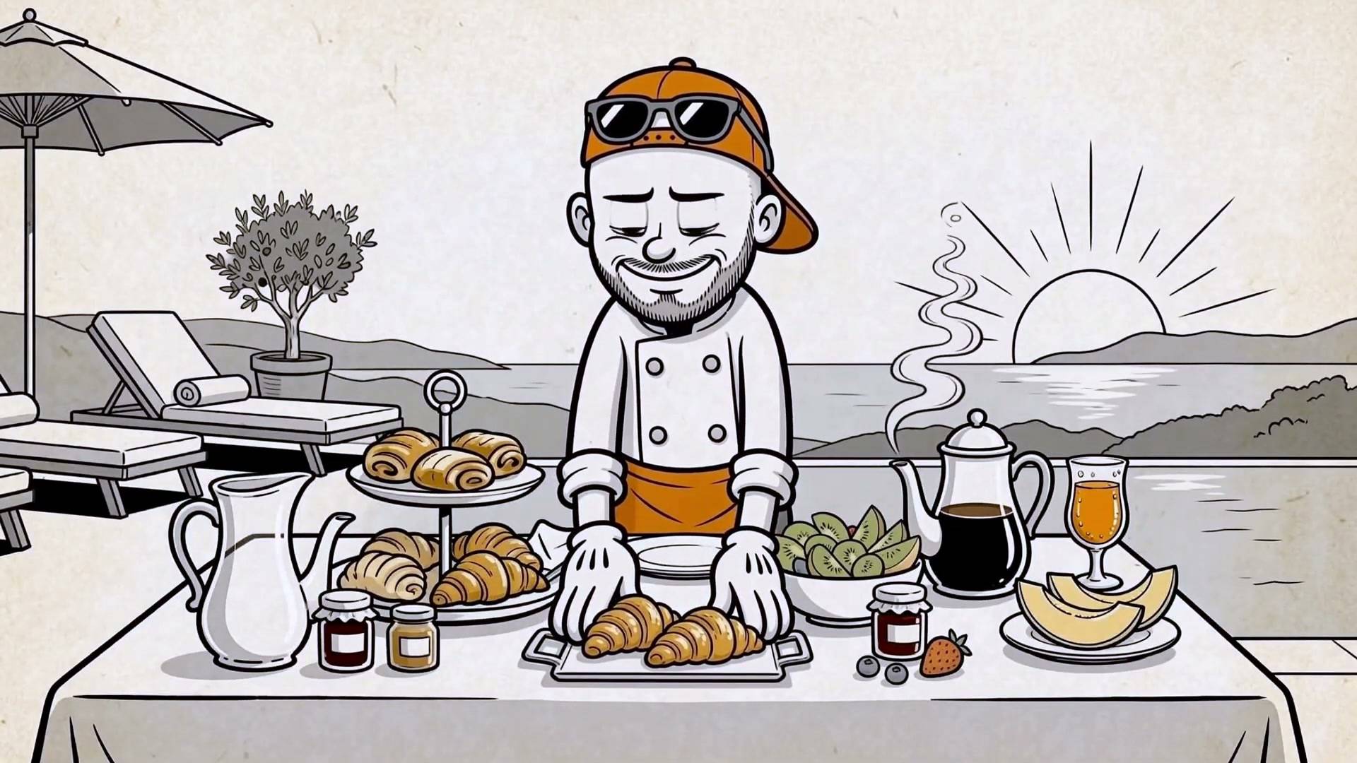 Dessin animé : le chef FD&M, casquette orange, dresse le petit déjeuner au bord d’une piscine, face à la mer.